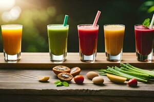 een verscheidenheid van sappen en smoothies Aan een houten tafel. ai-gegenereerd foto