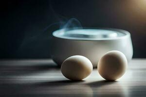 twee eieren zitten De volgende naar een kom van heet water. ai-gegenereerd foto
