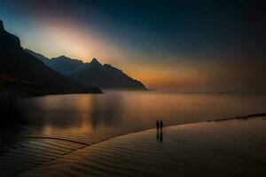 twee mensen staan Aan de kust van een meer Bij zonsondergang. ai-gegenereerd foto