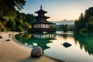 de Japans pagode in de midden- van de meer. ai-gegenereerd foto