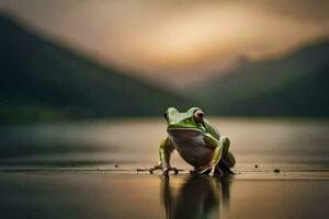 een kikker zittend Aan de rand van een meer Bij zonsondergang. ai-gegenereerd foto