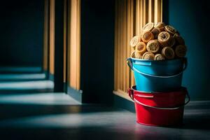 een stack van donuts in een emmer. ai-gegenereerd foto