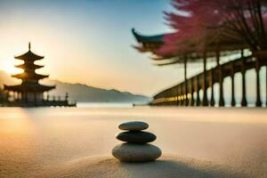 een stack van stenen Aan de strand met een pagode in de achtergrond. ai-gegenereerd foto