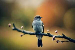 een vogel zit Aan een Afdeling met een bloem in de achtergrond. ai-gegenereerd foto