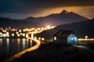 een klein huis zit Aan de kant van een heuvel Bij nacht. ai-gegenereerd foto