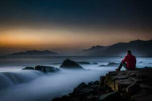 een Mens zittend Aan de rotsen Bij zonsondergang. ai-gegenereerd foto