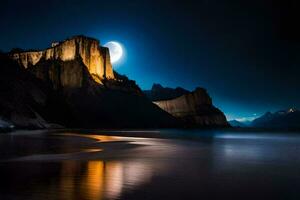 de maan is schijnend over- een berg en een strand Bij nacht. ai-gegenereerd foto