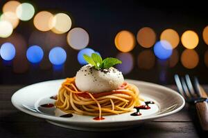 spaghetti met Mozzarella en tomaat Aan een bord. ai-gegenereerd foto