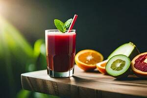 een glas van sap met plakjes van fruit. ai-gegenereerd foto