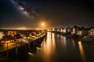 de melkachtig manier over- de rivier- Bij nacht. ai-gegenereerd foto