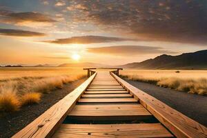 een houten loopbrug Leidt naar de zonsondergang in de midden- van een veld. ai-gegenereerd foto