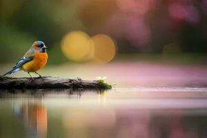 een blauw en oranje vogel zittend Aan een log in de water. ai-gegenereerd foto