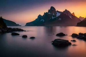 de bergen zijn aftekenen tegen de zonsondergang in deze foto. ai-gegenereerd foto