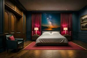 een slaapkamer met een groot schilderij Aan de muur. ai-gegenereerd foto
