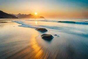 de zon stijgt over- de oceaan en rotsen Aan de strand. ai-gegenereerd foto