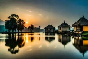 zonsondergang over- de water met hutten en palm bomen. ai-gegenereerd foto