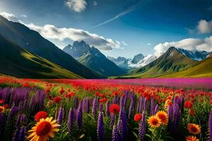 een veld- van bloemen en bergen in de achtergrond. ai-gegenereerd foto