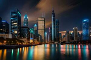 de stad horizon Bij nacht met lichten reflecterend in de water. ai-gegenereerd foto