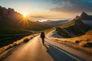 een persoon wandelen Aan een weg in de bergen. ai-gegenereerd foto