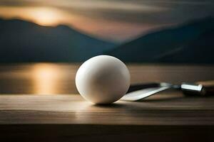 een ei Aan een tafel met een mes en vork. ai-gegenereerd foto