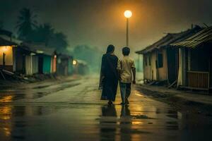 twee mensen wandelen naar beneden een nat straat Bij nacht. ai-gegenereerd foto