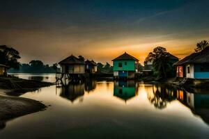 de zon sets over- een rivier- en sommige huizen. ai-gegenereerd foto