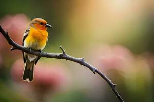 een klein oranje en zwart vogel is zittend Aan een Afdeling. ai-gegenereerd foto