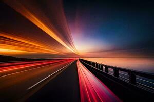 een lang blootstelling fotograaf van een snelweg Bij zonsondergang. ai-gegenereerd foto
