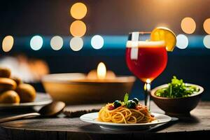 spaghetti en een glas van rood wijn Aan een tafel. ai-gegenereerd foto