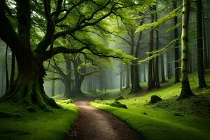 een pad door een groen Woud met bomen. ai-gegenereerd foto