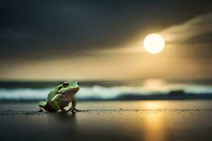 een kikker zittend Aan de strand Bij zonsondergang. ai-gegenereerd foto