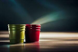 twee rood en groen cups zitten Aan een houten tafel. ai-gegenereerd foto