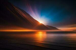 de zon is schijnend over- een berg en een strand. ai-gegenereerd foto