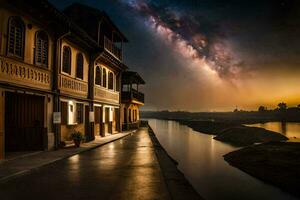 foto behang de lucht, nacht, rivier, gebouwen, de melkachtig manier, de melkachtig. ai-gegenereerd