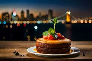 een taart met aardbeien en een stad visie. ai-gegenereerd foto