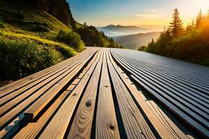 een houten loopbrug in de bergen met de zon instelling. ai-gegenereerd foto