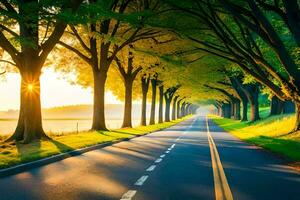 een weg bekleed met bomen en de zon schijnt. ai-gegenereerd foto