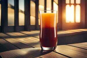 een glas van oranje sap zittend Aan een houten tafel. ai-gegenereerd foto