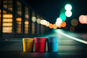 drie kleurrijk cups zitten Aan de weg Bij nacht. ai-gegenereerd foto