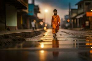 een jong jongen in oranje wandelen naar beneden een straat Bij schemering. ai-gegenereerd foto