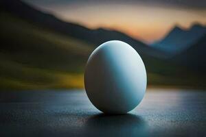 een ei zittend Aan een tafel in voorkant van een berg. ai-gegenereerd foto