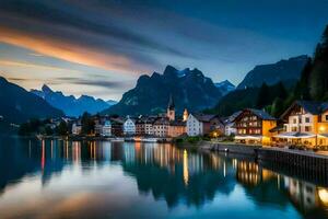 de stad- van hallstatt Bij schemering. ai-gegenereerd foto