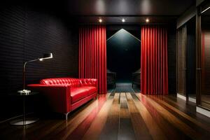 een rood bankstel in een kamer met hout vloeren. ai-gegenereerd foto