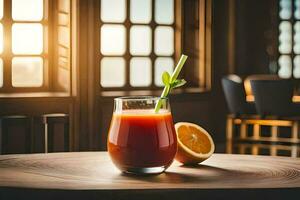 een glas van sap met een oranje plak Aan een tafel. ai-gegenereerd foto