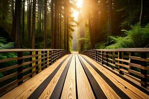 een houten brug in de Woud met de zon schijnt. ai-gegenereerd foto