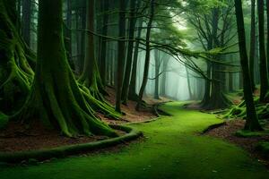 een pad door een Woud met groen bomen. ai-gegenereerd foto