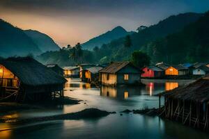 een rivier- in de bergen met hutten en huizen. ai-gegenereerd foto
