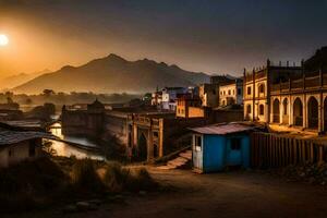 de zon sets over- een dorp in Indië. ai-gegenereerd foto