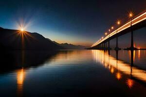 een brug overspannende over- water Bij nacht met lichten reflecterend uit de water. ai-gegenereerd foto