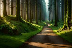 een aarde weg in de midden- van een Woud. ai-gegenereerd foto